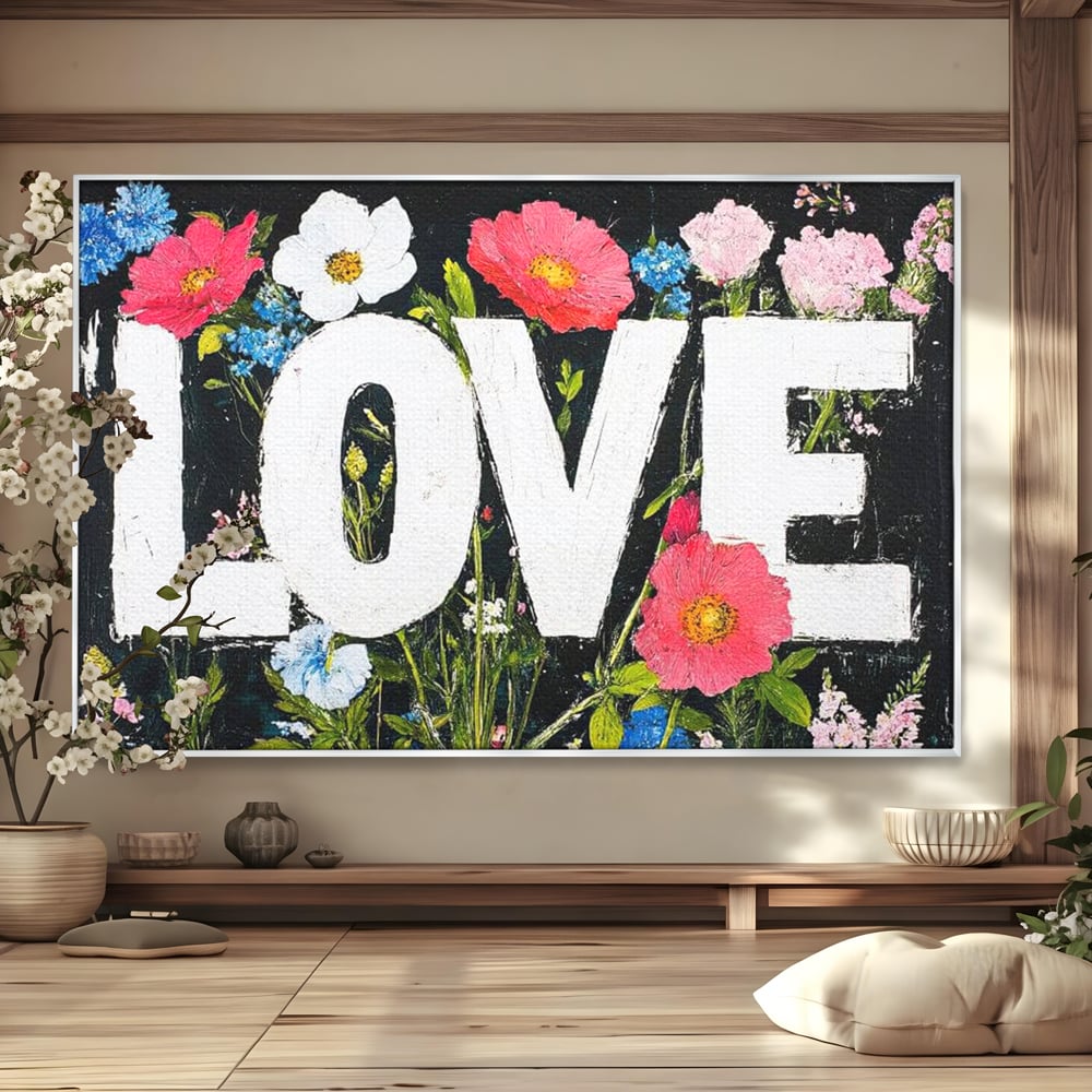 Tablou canvas cu tablou canvas cu flori si cuvantul love, in rama de aluminiu argintiu